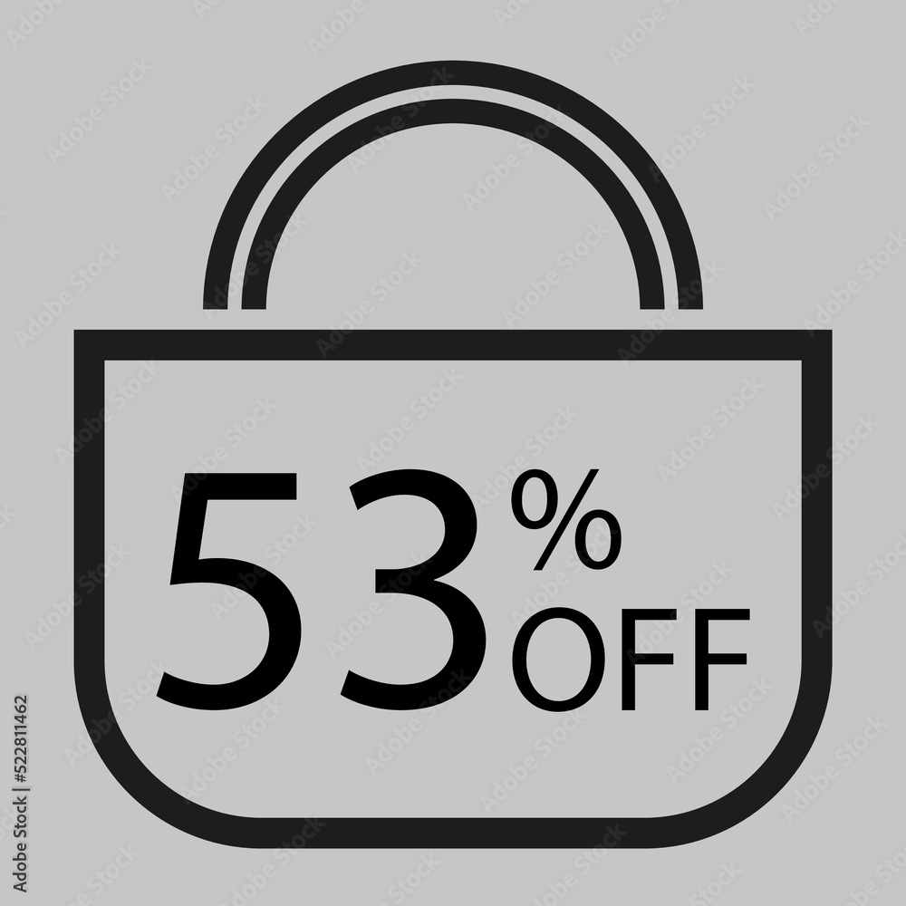 53 percent off. Gray banner with shopping bag illustration. 53 percent off. Gray banner with shopping bag illustration.