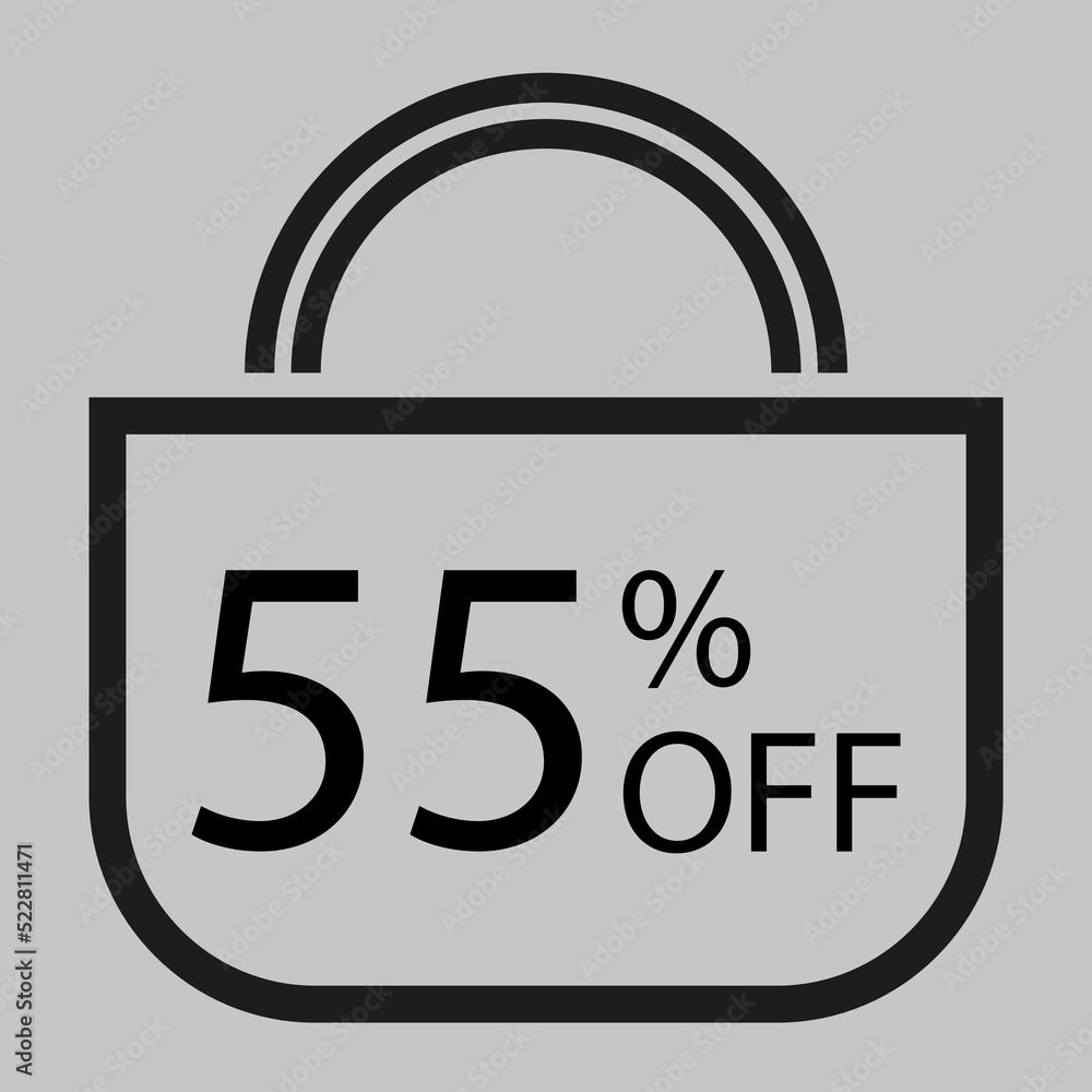 55 percent off. Gray banner with shopping bag illustration. 55 percent off. Gray banner with shopping bag illustration.