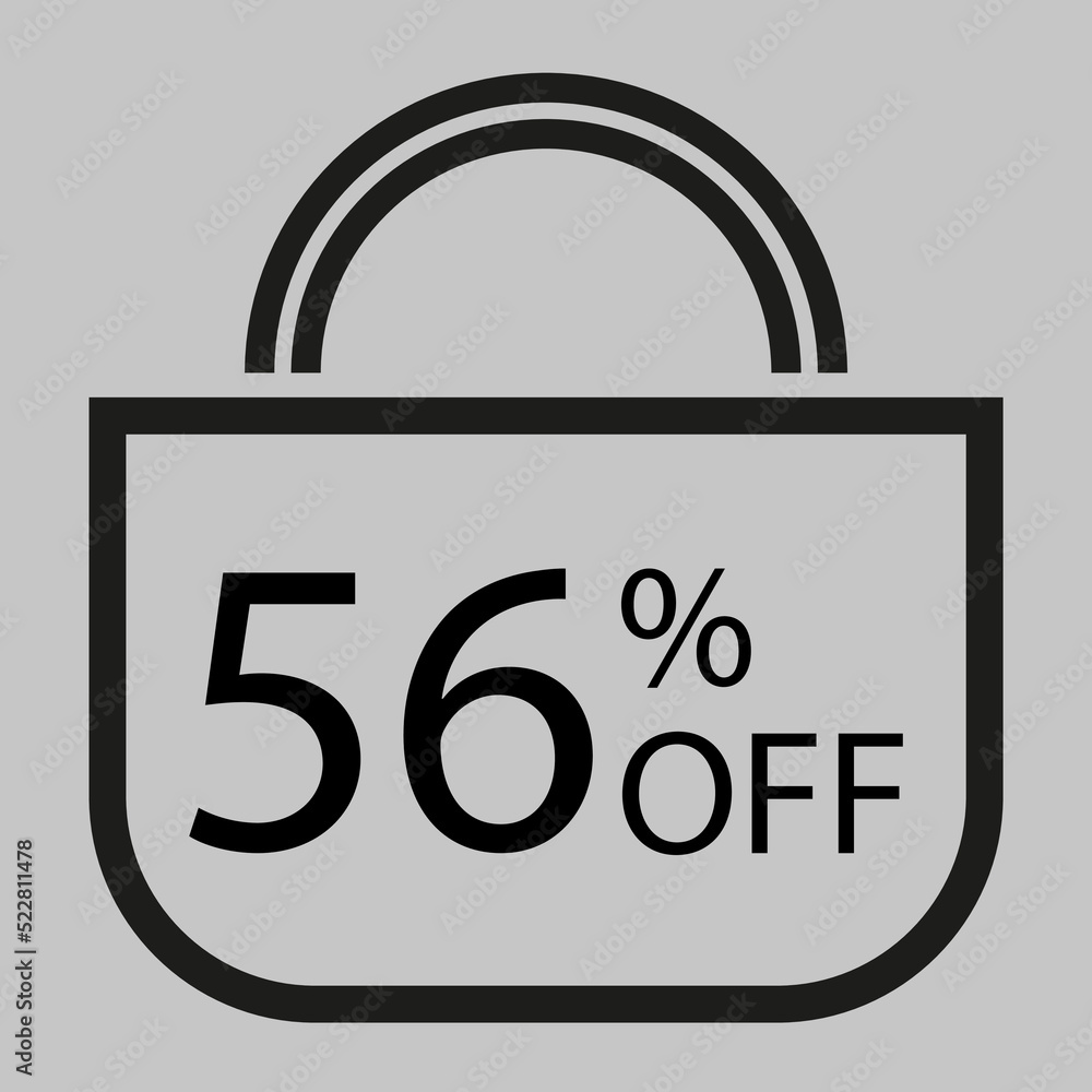 56 percent off. Gray banner with shopping bag illustration. 56 percent off. Gray banner with shopping bag illustration.