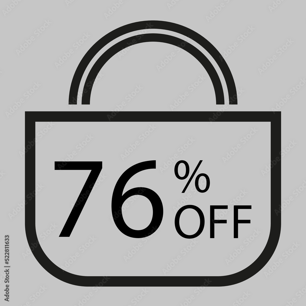 76 percent off. Gray banner with shopping bag illustration. 76 percent off. Gray banner with shopping bag illustration.