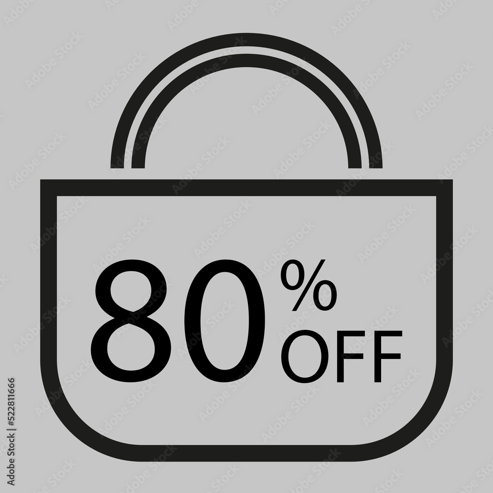 80 percent off. Gray banner with shopping bag illustration. 80 percent off. Gray banner with shopping bag illustration.