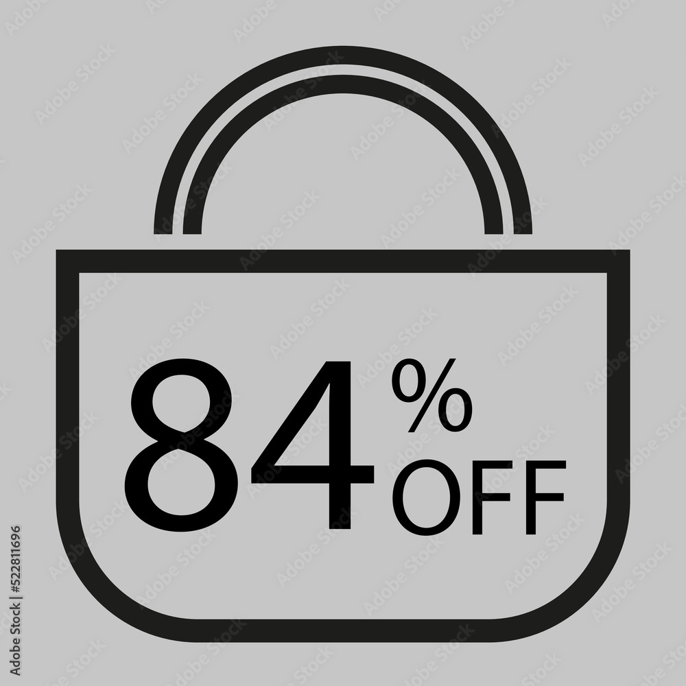 84 percent off. Gray banner with shopping bag illustration. 84 percent off. Gray banner with shopping bag illustration.