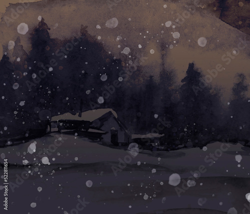 Wallpaper Mural Watercolor winter pattern. Abstract landscape village on the mountain. Country landscape. The picture shows a house, spruce, pine, forest, snow and drifts.  Night, evening, hut. Painting, acrylic. Torontodigital.ca