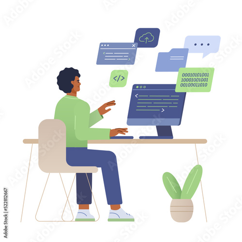 The programmer works in the office. A developer writes code at a computer with user interface windows. IT professional workflow concept. Vector illustration in flat design isolated on white.