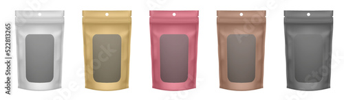 Set of realistic foil pouches with transparent window and hanging hole. Flexible cat food bags. White, gold, red, brown and black foil bags. Plastic sachet for coffee, candy, shack or nuts.