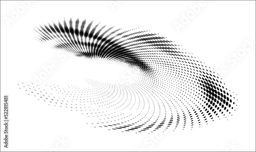 Polka dot or dotted halftone torn tiered spiral at an angle to the horizon. For logos, trademarks, designs.  Contour of dots, polka dots, blots, spots, slicks, strokes. Vector.