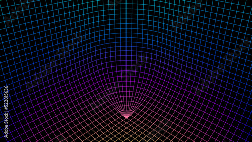 Geometric grid background with neon colored 80s styled mesh. Synthwave or retrowave abstract background with retro computer grid.