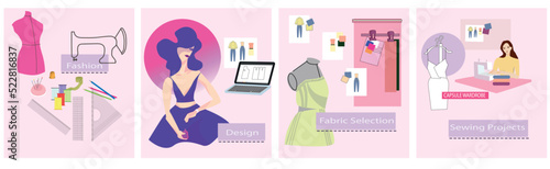 School of design and sewing, banner and business card about the sewing process, design, pattern, sewing machine, sewing accessories. Vector illustration for advertising, web design, posters, business 