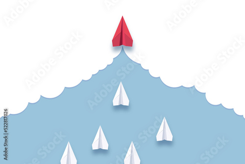 Fényképezés Business leadership concept, bold red paper plane flies