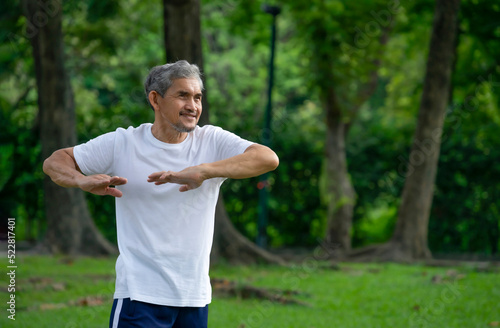 happy senior man with grey hair warming up before workout in the city park. concept for elderly people lifestyle, health care, wellbeing