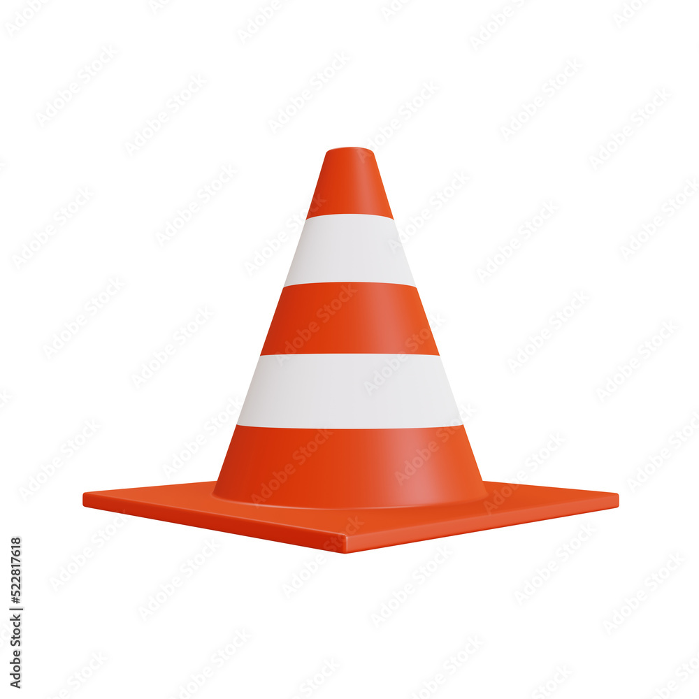 Traffic cone with white and orange stripes on a white background. road safety warning symbol concept. 3d rendering. Traffic cone with white and orange stripes on a white background. road safety warning symbol concept. 3d rendering.
