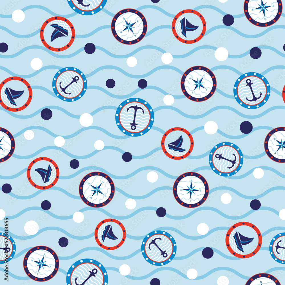 geometric seamless pattern of sailing icons with blue dots and waves. geometric seamless pattern of sailing icons with blue dots and waves.