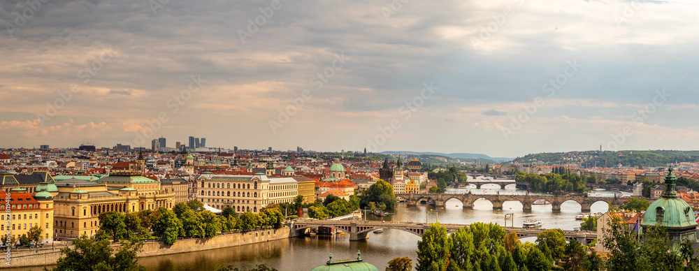 view of the old city of Prague with the Vltava River, bridges and towers, Prague, Czech republic