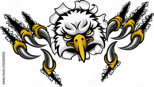 An eagle bird sports mascot cartoon character ripping through the background with its claws or talons
