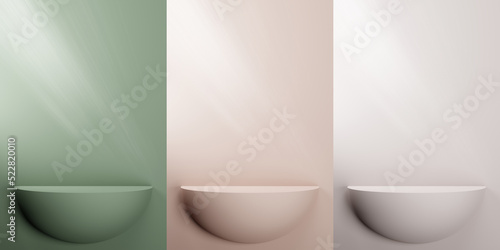 Set of abstract pastel 3D green  beige  brown  shelf pedestal or stand podium with light clean background  Set of product display podium. 3d render  3d illustration