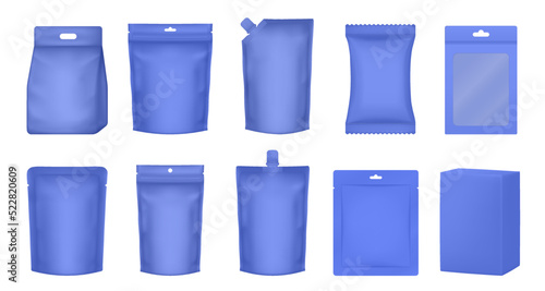 Set of realistic doy pack mockups. Blue flow pack, sachet, zip bag and doypack. Sheet mask sachet. Laundry detergent bag and box with transparent window