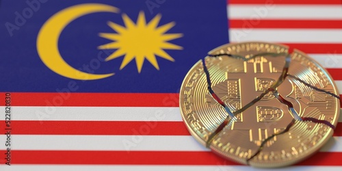 Wallpaper Mural Broken bitcoin on the flag of Malaysia. Legal issues and cryptocurrency regulations problems concepts, 3d rendering Torontodigital.ca