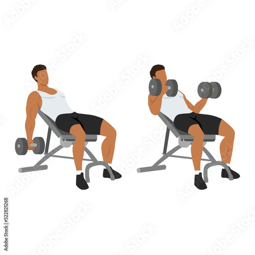 Man doing incline dumbbell curl. Flat vector illustration isolated on different layers. Workout character