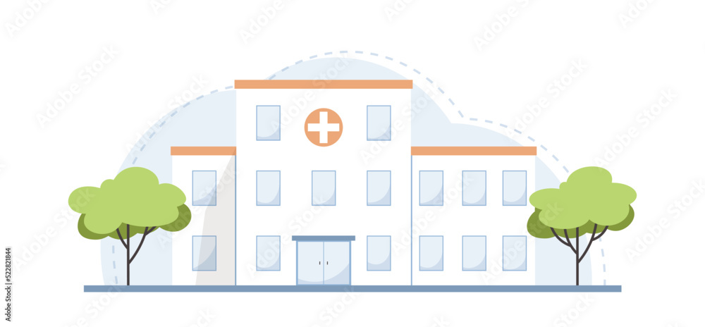 City hospital. Building city clinic. Medical center. Concept healthcare and emergency care. Vector illustration in flat style on white background.