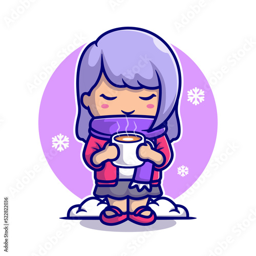 Cute Girl Drink Hot Coffee In Snow Cartoon Vector Icon 
Illustration. People Drink Icon Concept Isolated Premium 
Vector. Flat Cartoon Style
