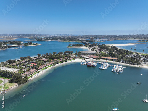 Aerial view of boats and kayaks in Mission Bay in San Diego, California. USA. Famous tourist destination