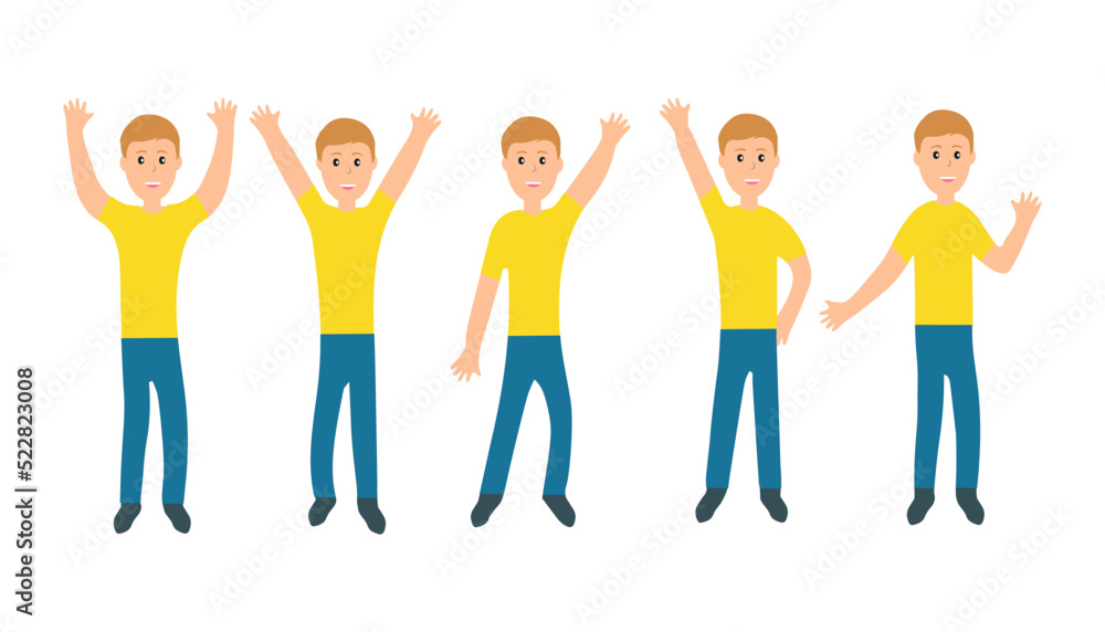 Fototapeta premium Set of men dressed in yellow shirt and blue pants in different poses