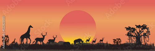 Horizontal banner of landscape. Doe and fawn on magic misty meadow. Silhouettes of  grass and animals. Pink and orange background, illustration. Bookmark. Kenya safari.