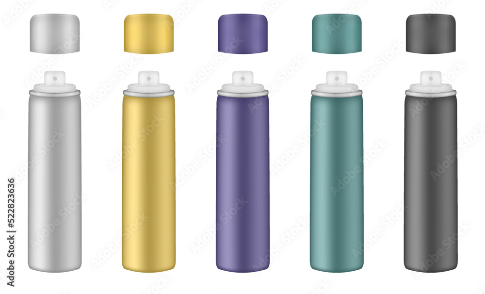 Aluminium tube for hairspray, air freshener container, thermal water spray bottle. White, yellow, purple, green and black bottles. Realistic cosmetic mockup of aerosol deodorant or dry shampoo Aluminium tube for hairspray, air freshener container, thermal water spray bottle. White, yellow, purple, green and black bottles. Realistic cosmetic mockup of aerosol deodorant or dry shampoo