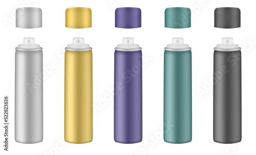 Aluminium tube for hairspray, air freshener container, thermal water spray bottle. White, yellow, purple, green and black bottles. Realistic cosmetic mockup of aerosol deodorant or dry shampoo
