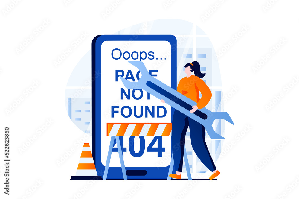 Page not found concept with people scene in flat cartoon design. Woman with wrench repairs broken website, fixing and optimizes connection from mobile phone. Illustration visual story for web