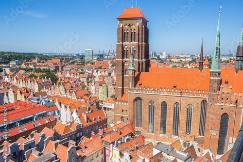 Aerial view of the Mary Basilica and city skyline in Gdansk, Poland