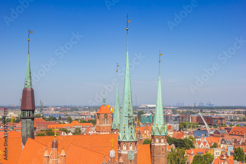 Towers of the St. Mary Basilica and city skyline in Gdansk, Poland