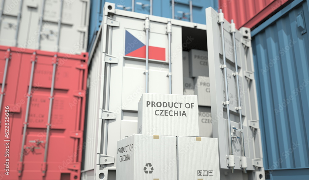 Cartons with goods from Czechia and shipping containers in the port terminal or warehouse. National production related conceptual 3D rendering