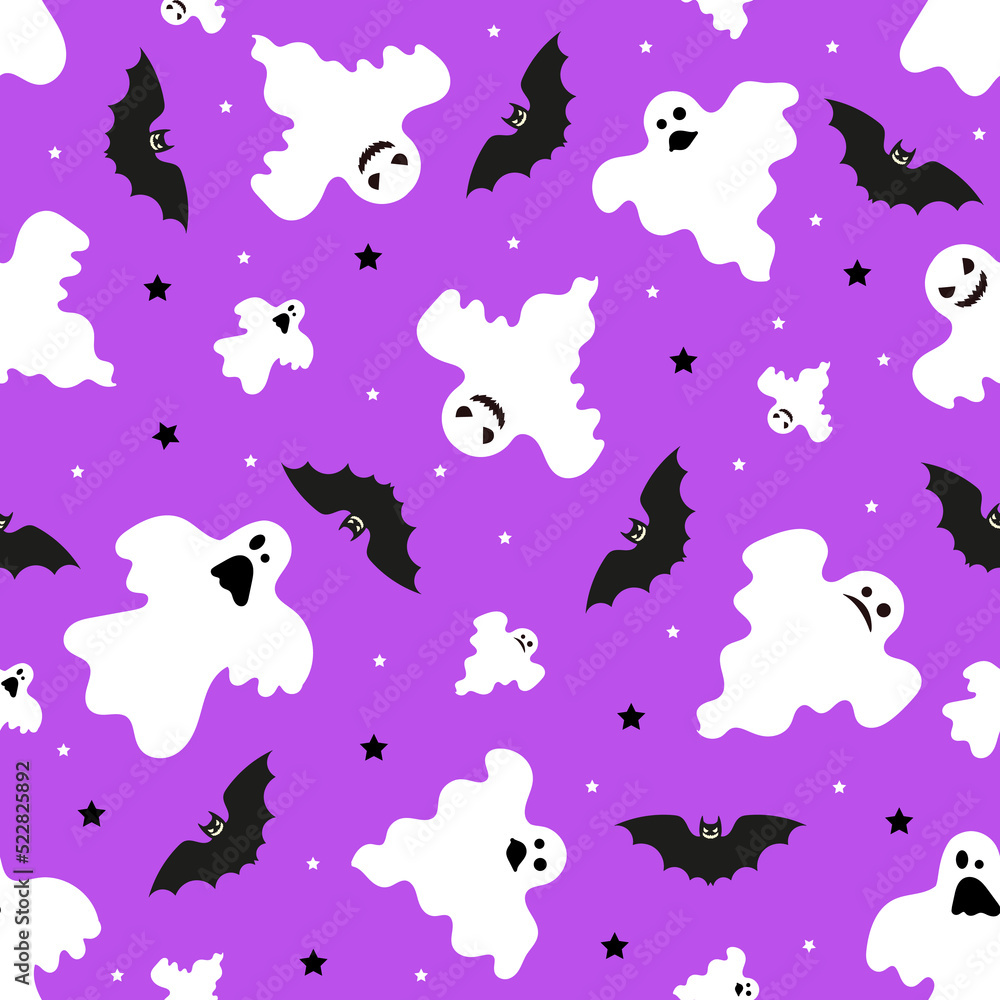 Seamless pattern with ghosts and bats. Vector.