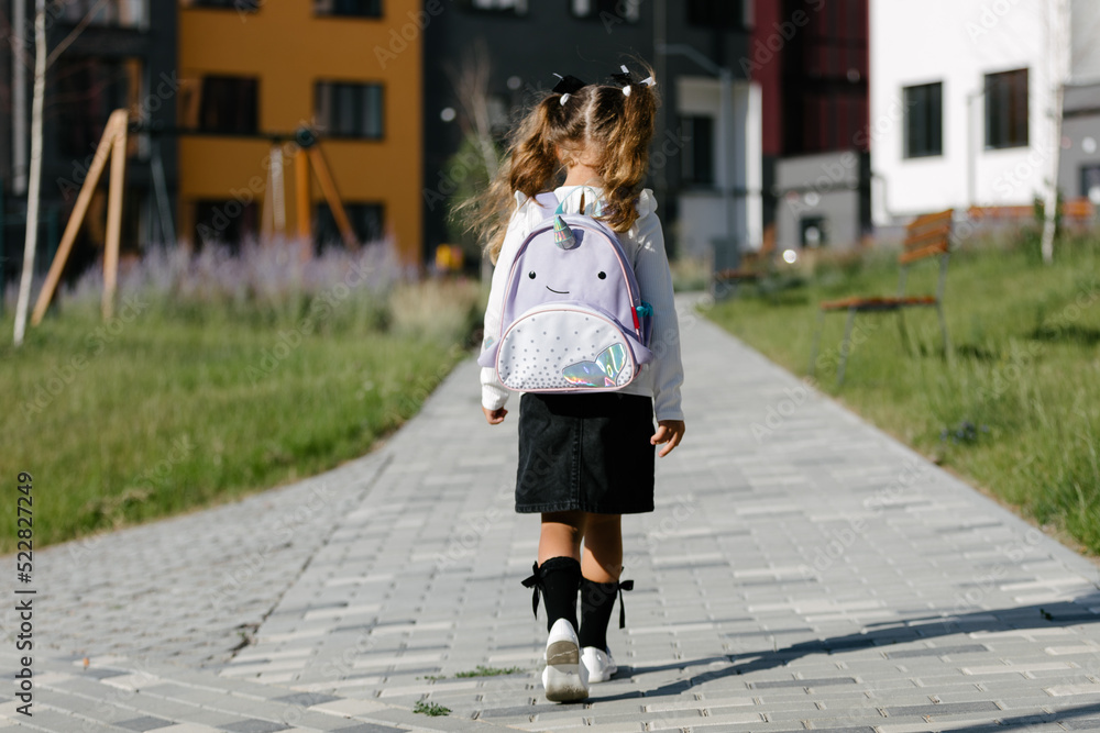 a little girl goes to school through the park along the path. distance education concept. schoolgirl returning home from school
a little girl goes to school through the park along the path. distance education concept. schoolgirl returning home from school