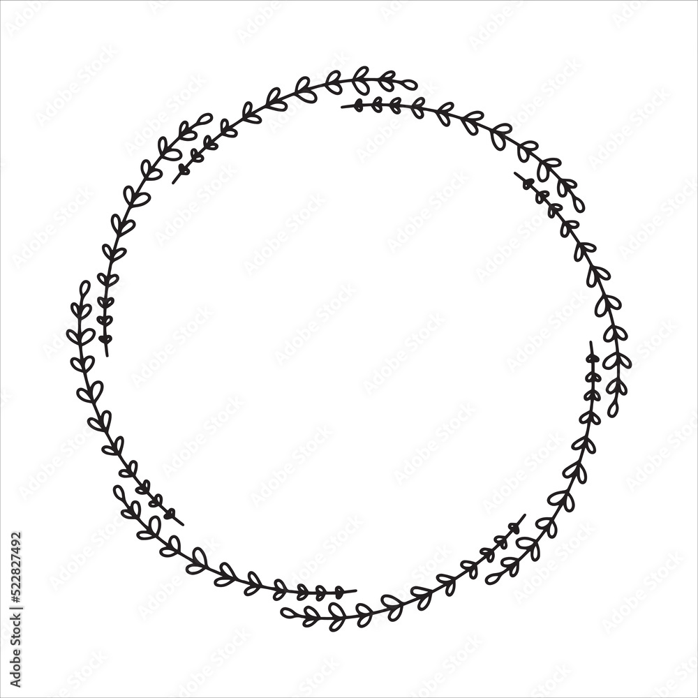 Vector hand drawn spring wreath isolated on white background. Outline circle of leaves. Doodle style. Floral frame. Vector hand drawn spring wreath isolated on white background. Outline circle of leaves. Doodle style. Floral frame.