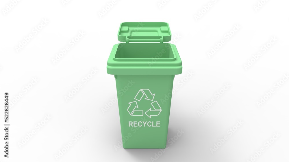 3D rendering of a green environment recycle trash bin container illustration model. Household disposal of plastic, food organic glass paper etc trash can. Computer model isolated empty space. 3D rendering of a green environment recycle trash bin container illustration model. Household disposal of plastic, food organic glass paper etc trash can. Computer model isolated empty space.