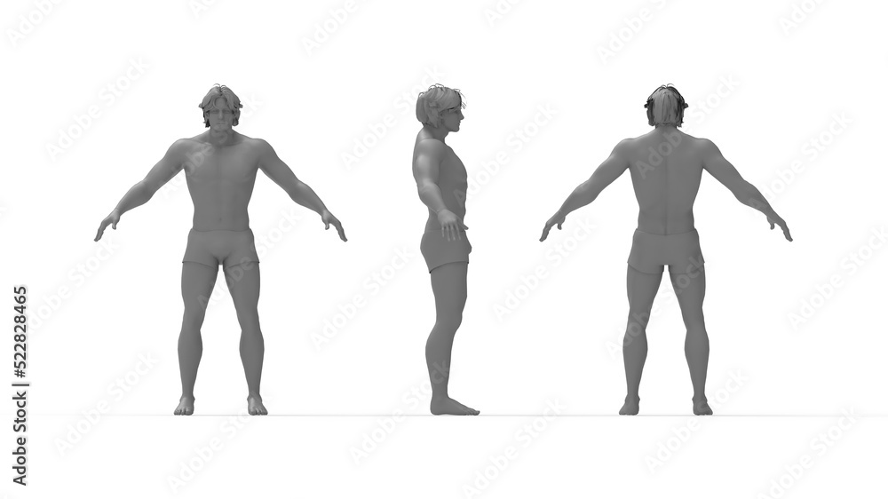 3D rendering of a sporty underwear posing masculine man human standing and posing in multiple views. Confidence inspired healthy fitness animation render. Isolated in empty white space background