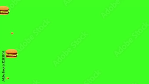 Green Screen Burger Transition Pack. Burger Transitions Pack covering the screen and disappearing. Chromakey food animation. Hamburger background.