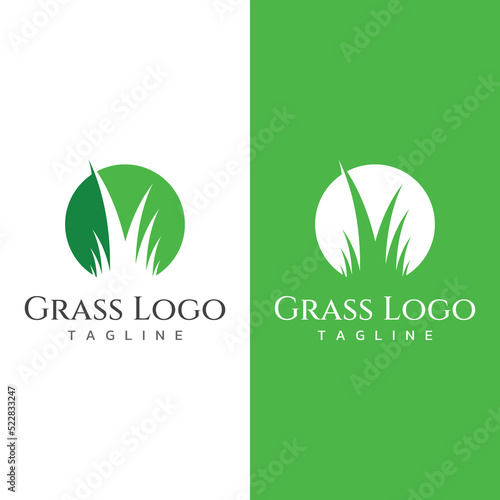 Natural green grass, meadow, and mowed grass element logo in Spring vector logo design template.