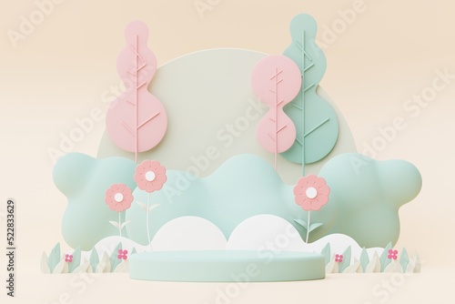Abstract Pastel of nature  flowers leaves and tree plants with Podium stand platform. Cute Cartoon natural landscape background. Scene of spring colorful plants with minimal design. 3D Render.
