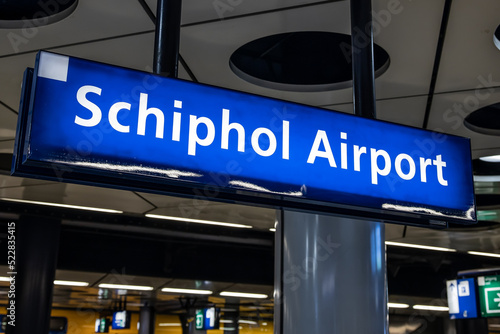 Schiphol airport sign at the indoor railway station  photo