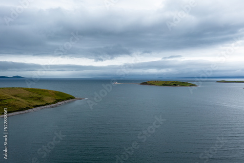Clew Bay landscape with the Clare Island Lighthouse and sunken drumlin in the distance