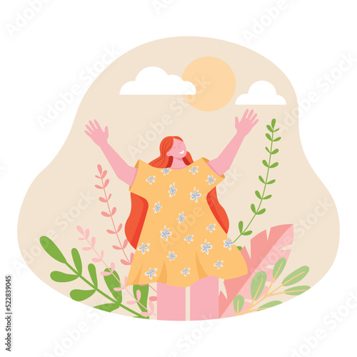 Happy friendly emotional woman hugging, welcoming. Open-minded excited positive female extrovert. Extraversion, openness, hospitality concept. Flat vector illustration isolated on white background