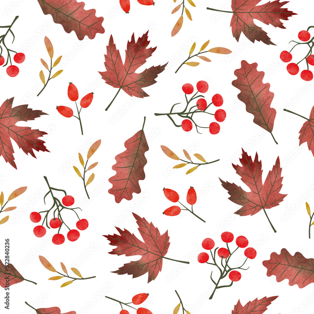 Fototapeta premium Autumn leaves and berries pattern. Vector watercolor fall season background.