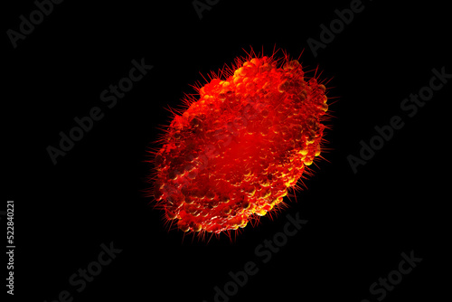 Monkeypox germ. Red virus cell isolated on black background. 3D render illustration.