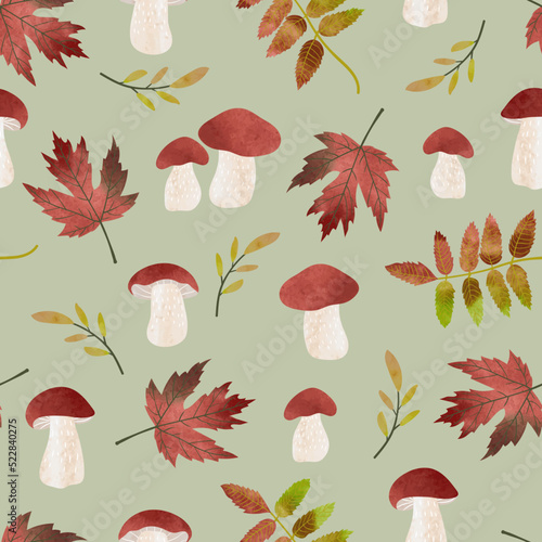 Seamless autumn pattern with watercolor mushrooms and leaves. Vector fall background