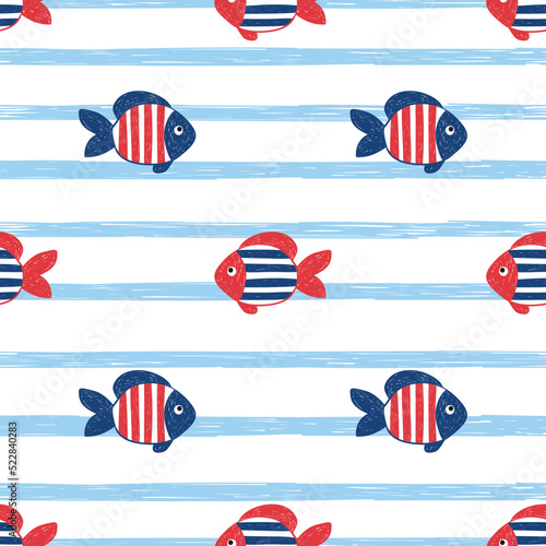 Seamless marine pattern with doodle fish. Sea vector illustration.