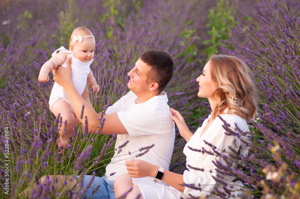 Beautiful portrait of a young family with baby in lavender field. Family love and value concept. Beautiful portrait of a young family with baby in lavender field. Family love and value concept.