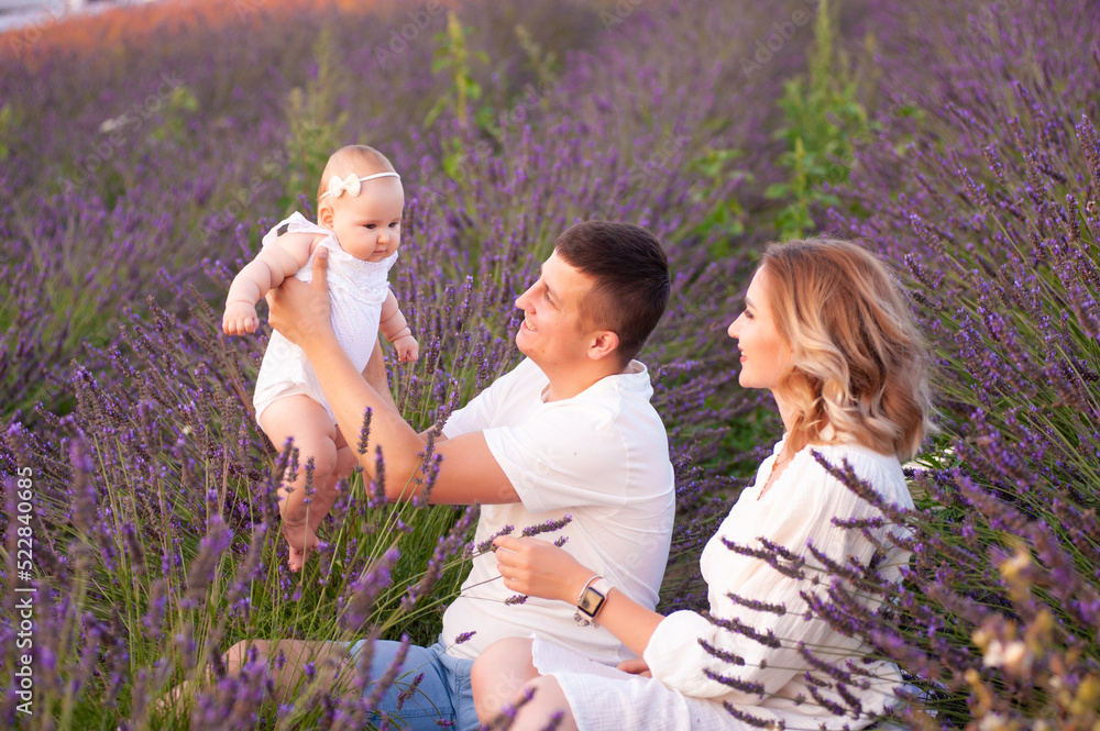 Beautiful portrait of a young family with baby in lavender field. Family love and value concept. Beautiful portrait of a young family with baby in lavender field. Family love and value concept.